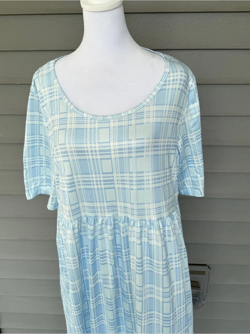 NWOT Women's 1XL/14 Blue Plaid U-Neck Empire Waist Midi Dress Teacher Church_3